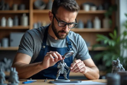 Homme examinant une figurine détaillée imprimée en 3D en résine dans un atelier de fabrication