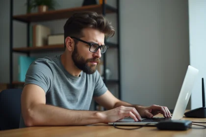 Homme frustré devant un écran d'erreur de connexion à l'interface routeur 192.168.1.1 sur un bureau à domicile