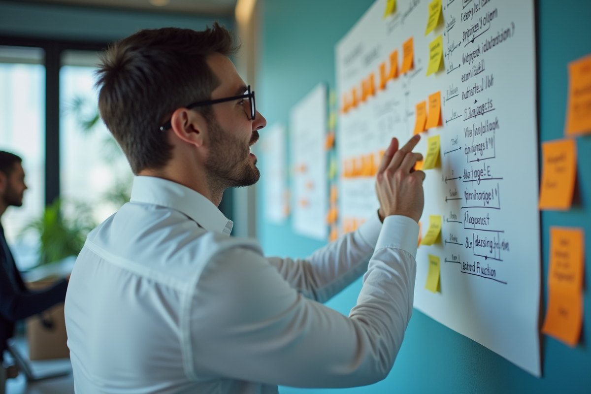 Homme expliquant des stratégies de site web avec diagrammes