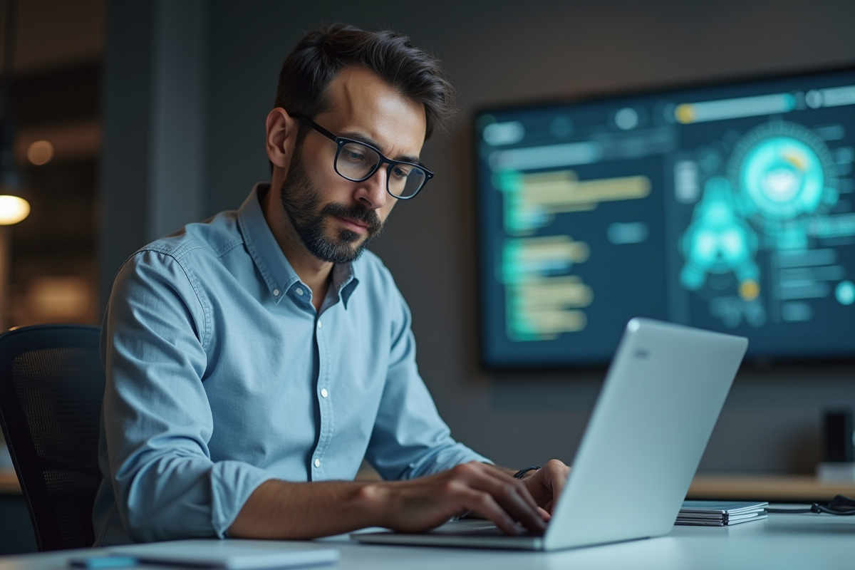 Homme en bureau moderne interagissant avec un ordinateur futuriste