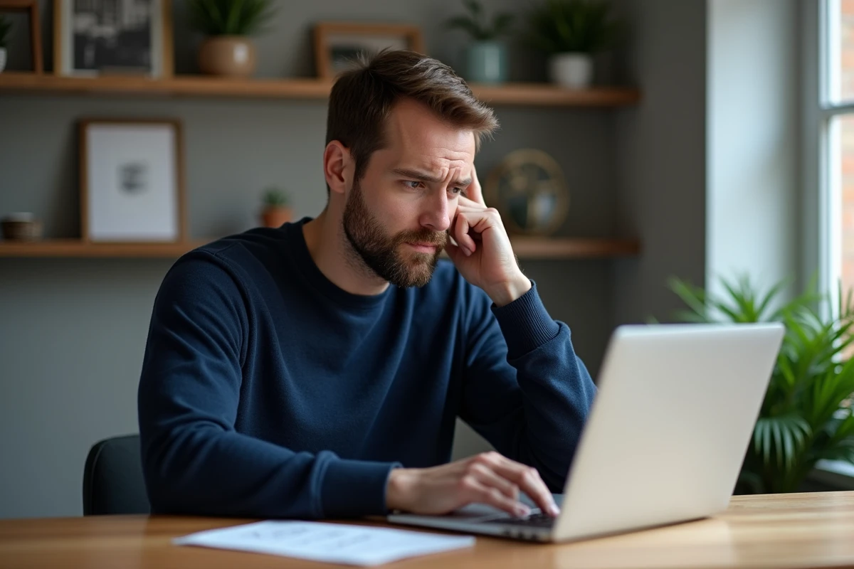 Homme perplexe devant son ordinateur et routeur WiFi