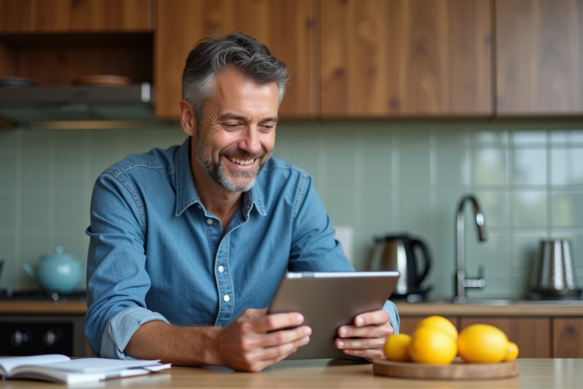 Homme d age moyen consulte ses analyses dans la cuisine