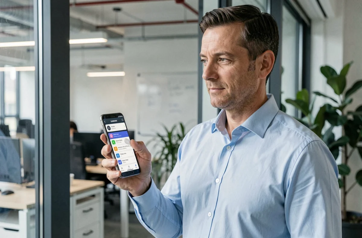 Homme en bureau activant le mode économie de batterie sur Samsung Galaxy