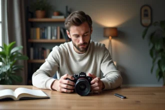 Homme concentré examinant une caméra Sony dans un bureau moderne