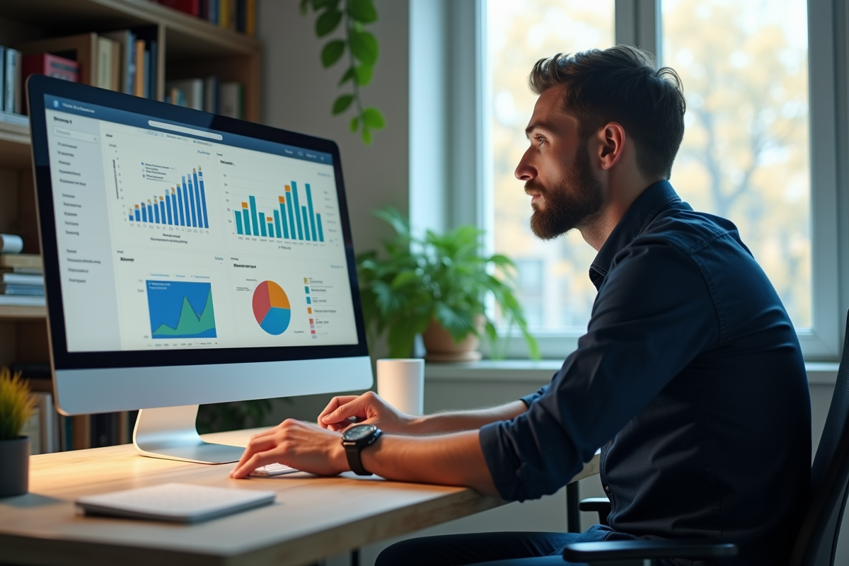 Homme concentré devant un écran avec graphiques SEO