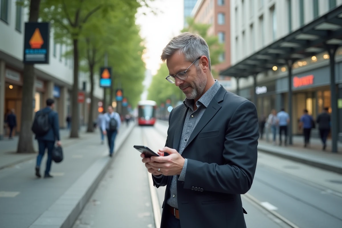 Homme en ville organisant ses albums photos sur smartphone