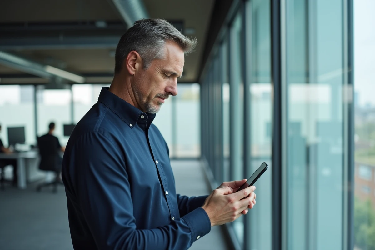 Homme d'affaires vérifiant les paramètres de confidentialité de son application sur smartphone dans un bureau moderne