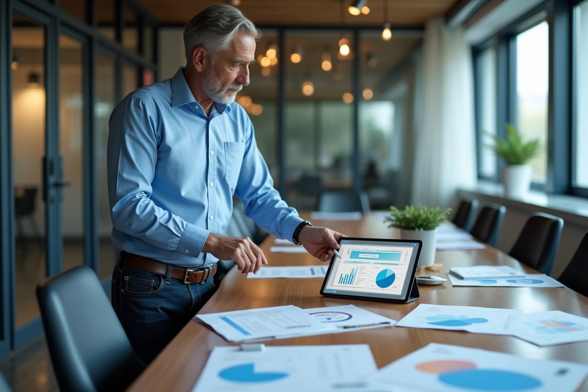 Homme en réunion avec graphique et tablette