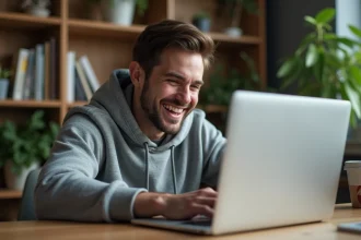 Jeune homme riant devant son ordinateur portable en découvrant le Easter egg barrel roll de Google