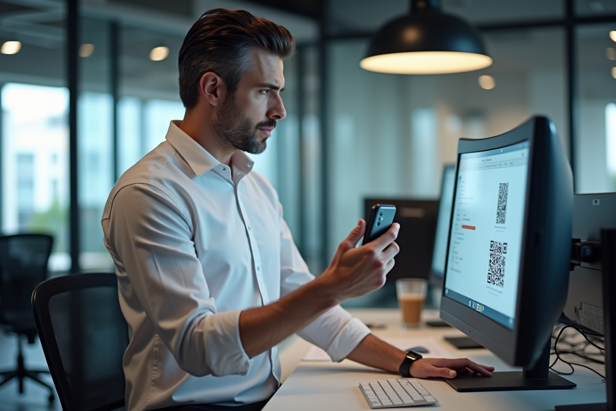 Homme au bureau scannant un code QR pour 2FA