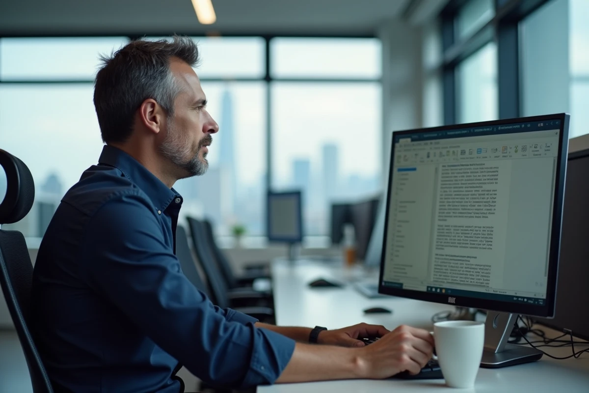 Homme en entreprise sécurisant ses données textuelles grâce à un outil de correction en ligne dans un open space