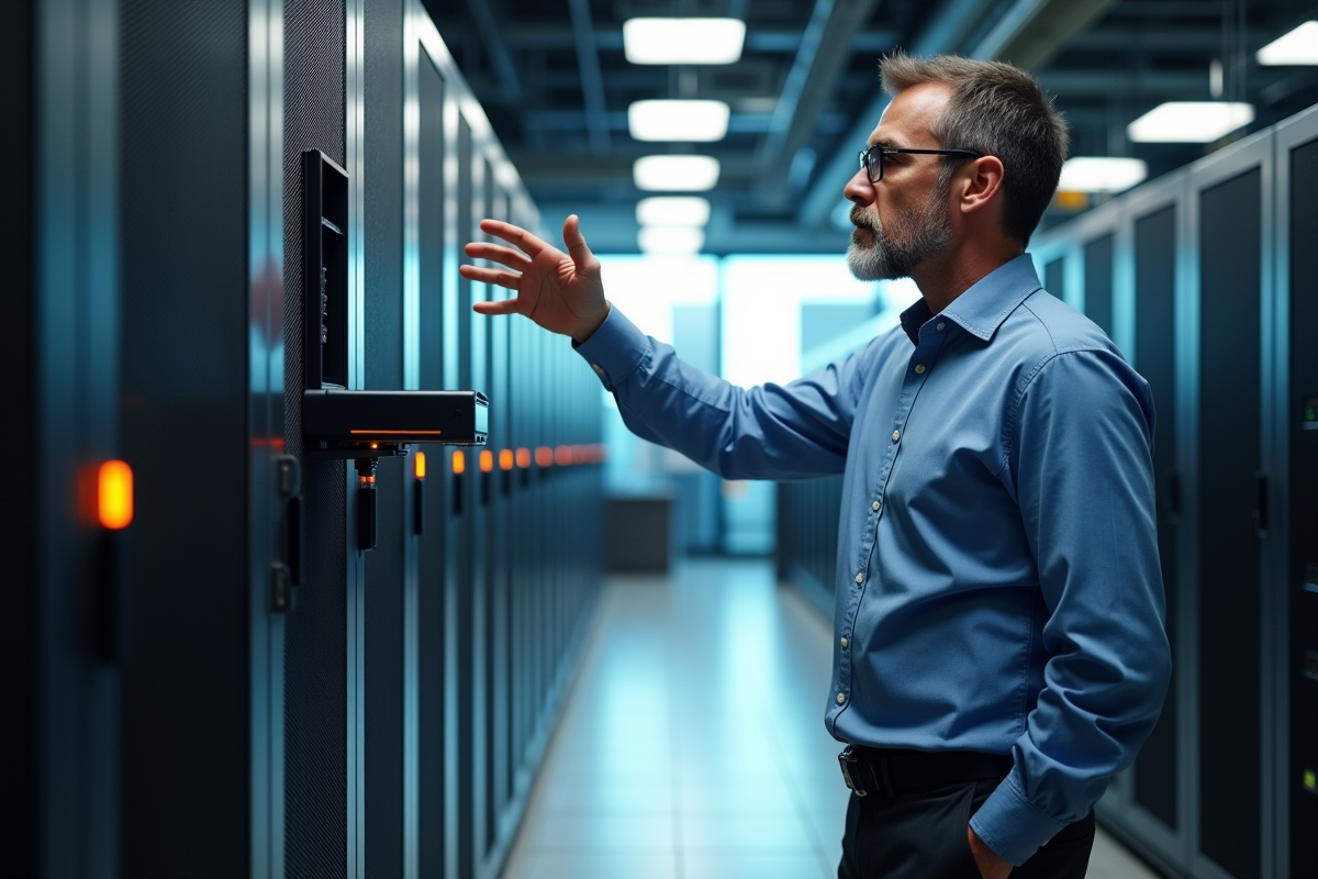 Homme d affaires dans une salle serveurs pointant un dispositif high tech