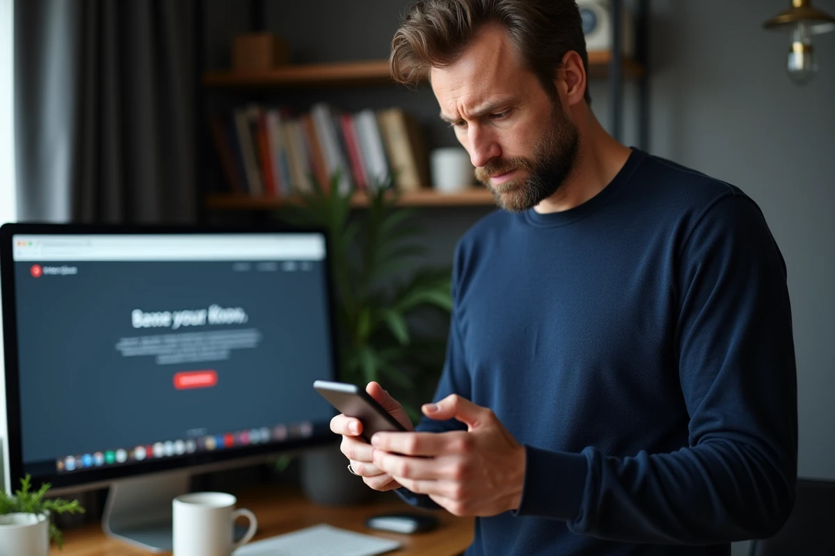 Homme consultant son smartphone devant un écran d'ordinateur avec une page d'erreur de messagerie à domicile