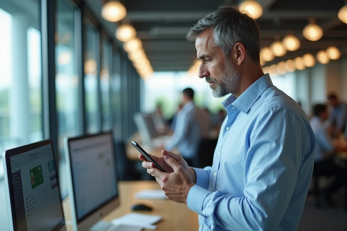 Homme en bureau vérifiant son smartphone sans réseau mobile avec WhatsApp Web déconnecté en arrière-plan