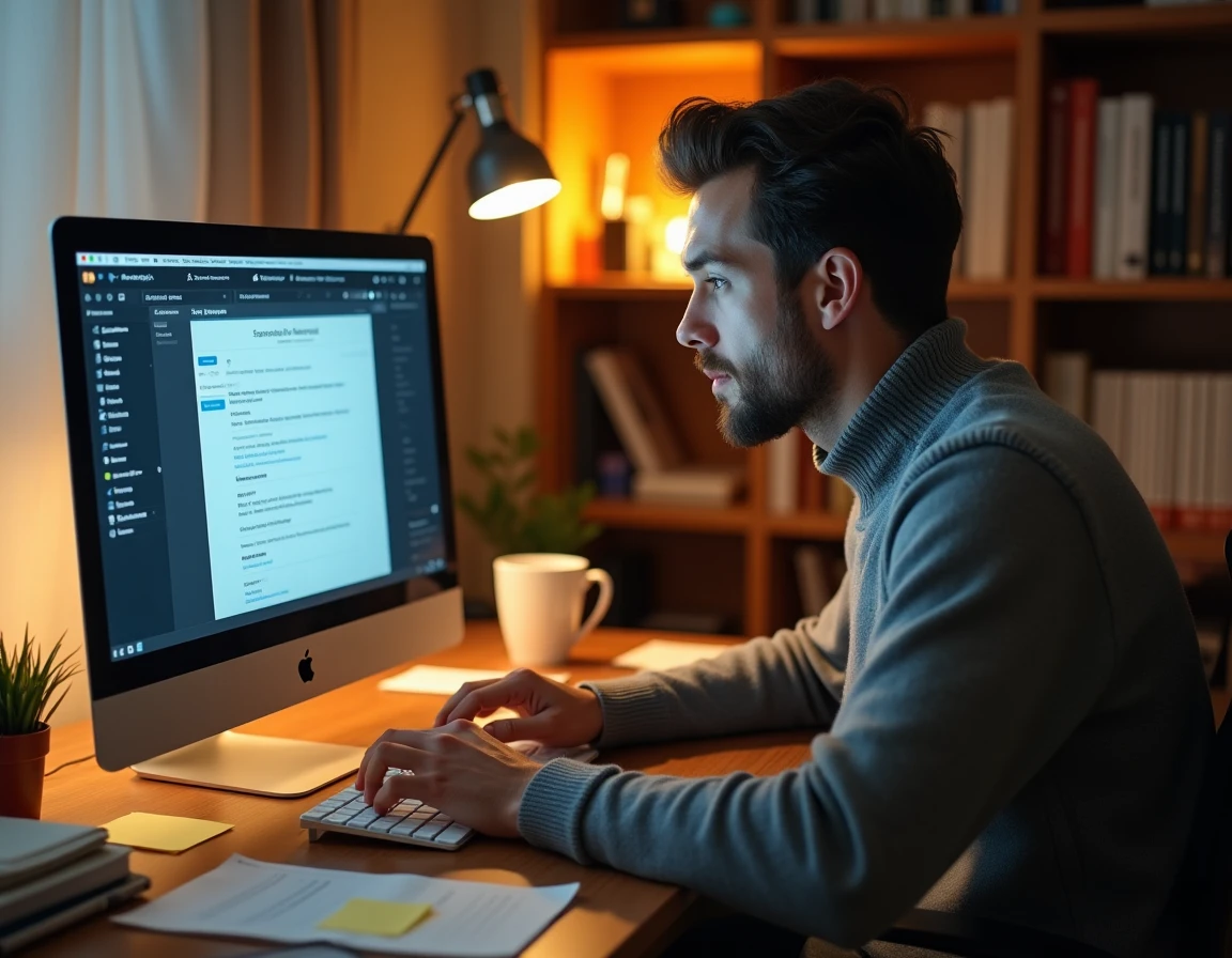 Homme en télétravail tentant de résoudre un problème d'accès à son messagerie professionnelle Mon IntraParis