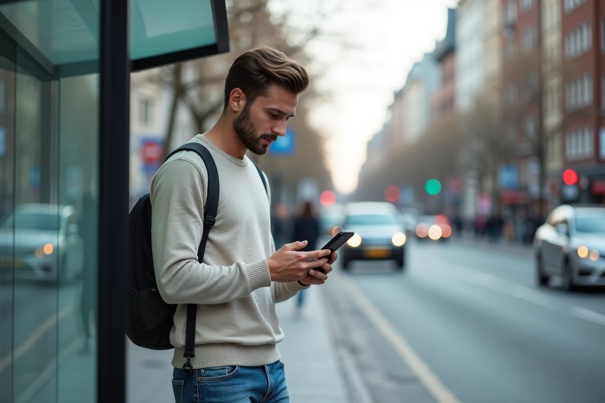 Jeune homme vérifiant ses emails dans la rue en attendant le bus