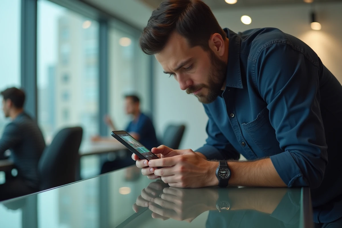Homme en bureau moderne analysant un profil Instagram via un outil de visualisation anonyme sur smartphone