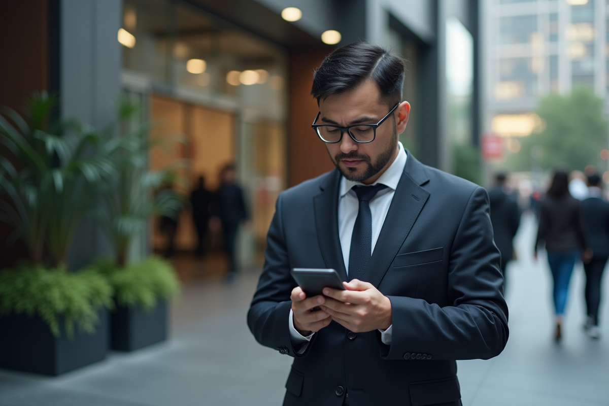 Homme d affaires vérifiant son smartphone devant un bâtiment moderne