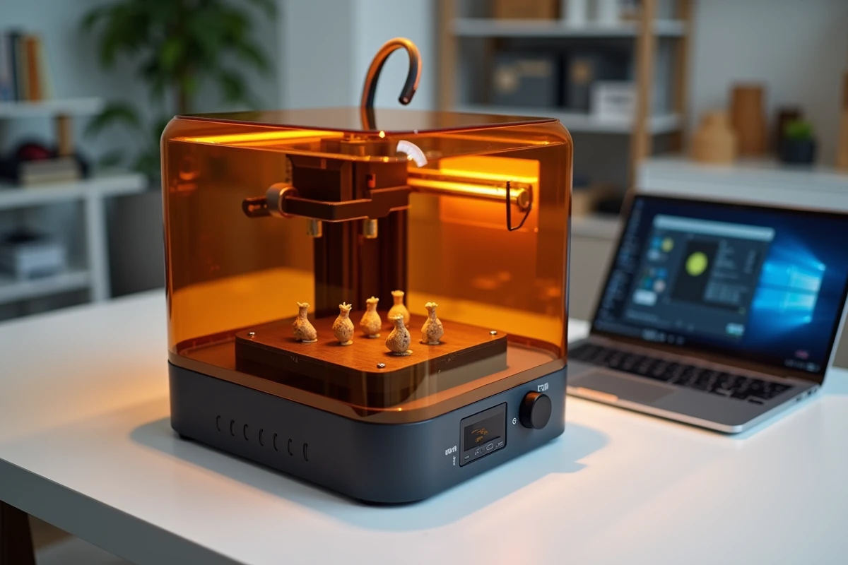 Imprimante 3D résine ouverte avec figurines fraîchement imprimées sur le plateau dans un studio bureau moderne