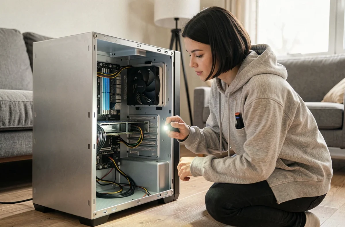 Jeune femme inspectant les baies de disque dur à l'intérieur d'un boîtier PC ouvert pour vérifier la compatibilité avec la carte mère