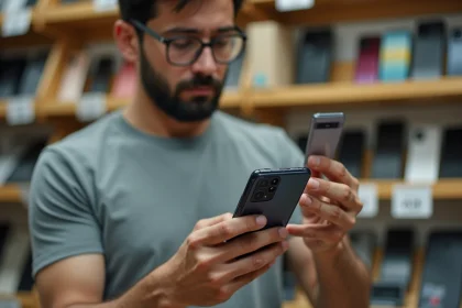 Homme inspectant un Samsung Galaxy S23 d'occasion dans une boutique de revente de smartphones