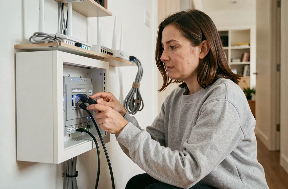 Femme installant un câble ethernet dans un panneau de brassage RJ45 dans un coffret réseau domestique mural