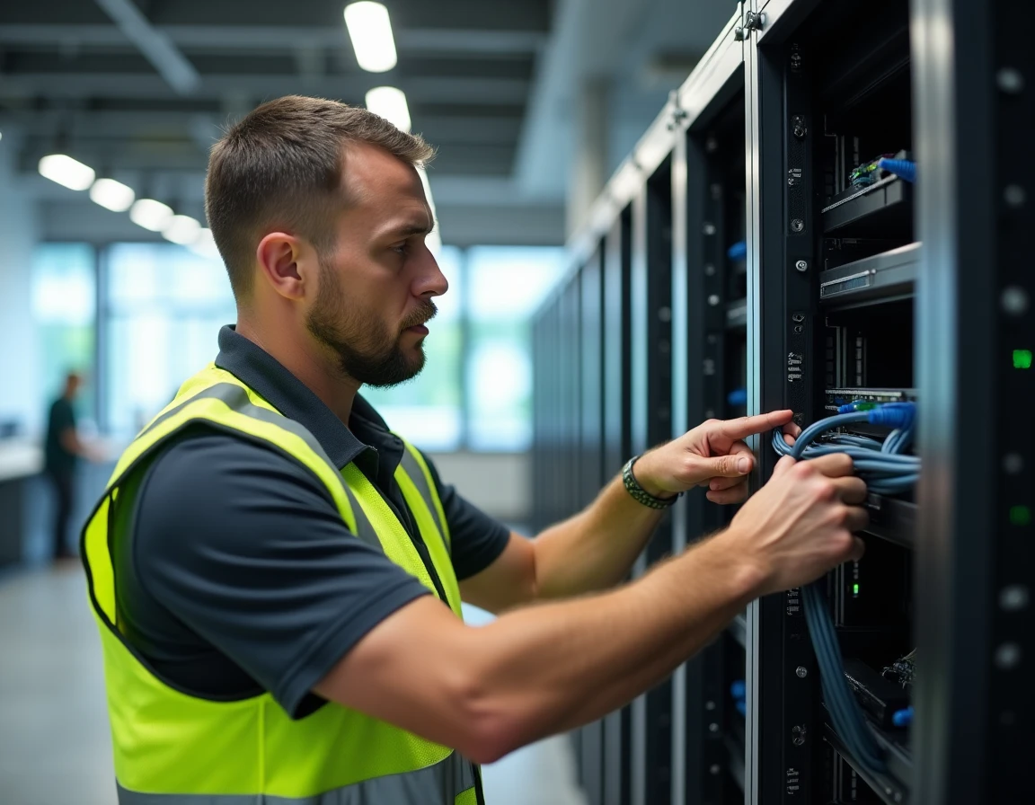 Technicien Instaltech Services installant une infrastructure réseau dans un bureau commercial