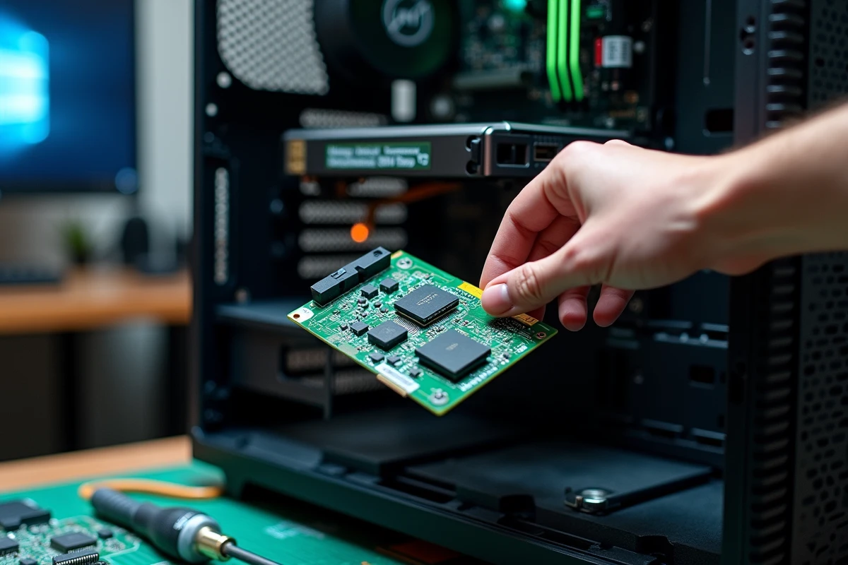 Intérieur d'un PC gaming avec carte graphique et carte réseau visibles lors d'une optimisation matérielle des drivers