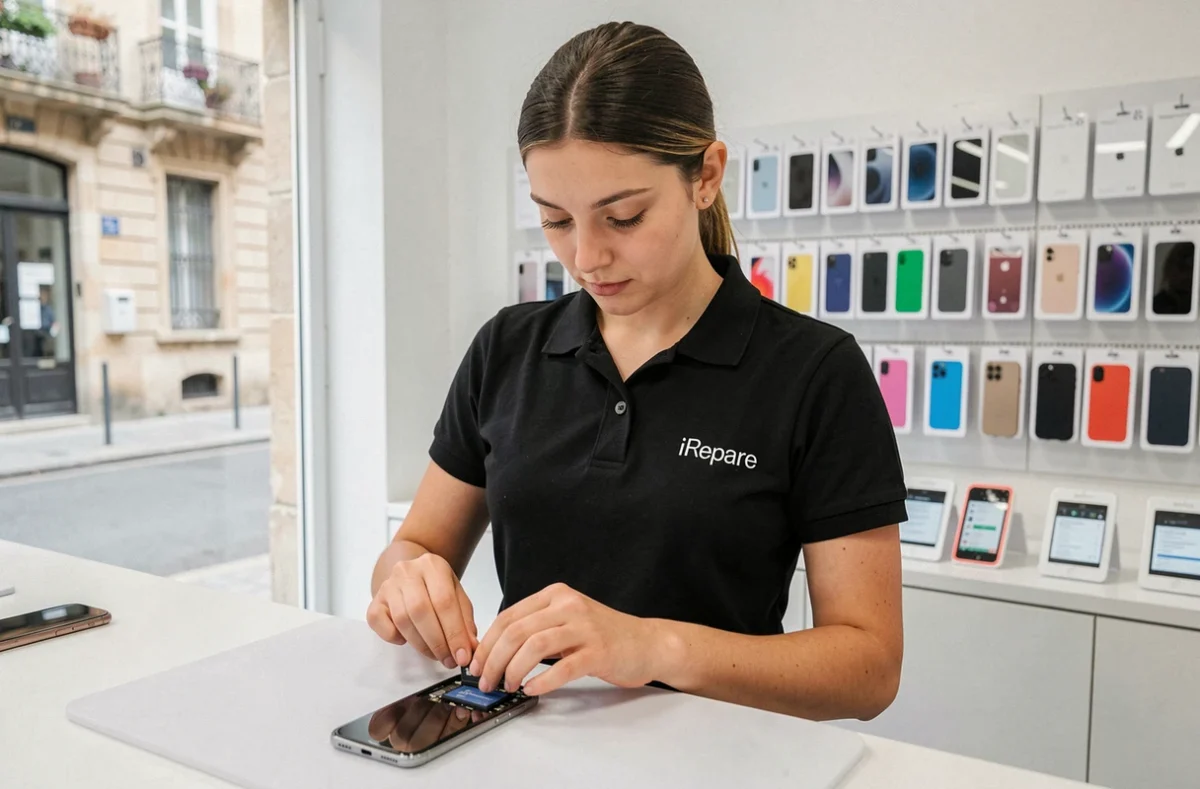 Technicienne iRépare Avignon remplaçant la batterie d'un iPhone dans une boutique moderne