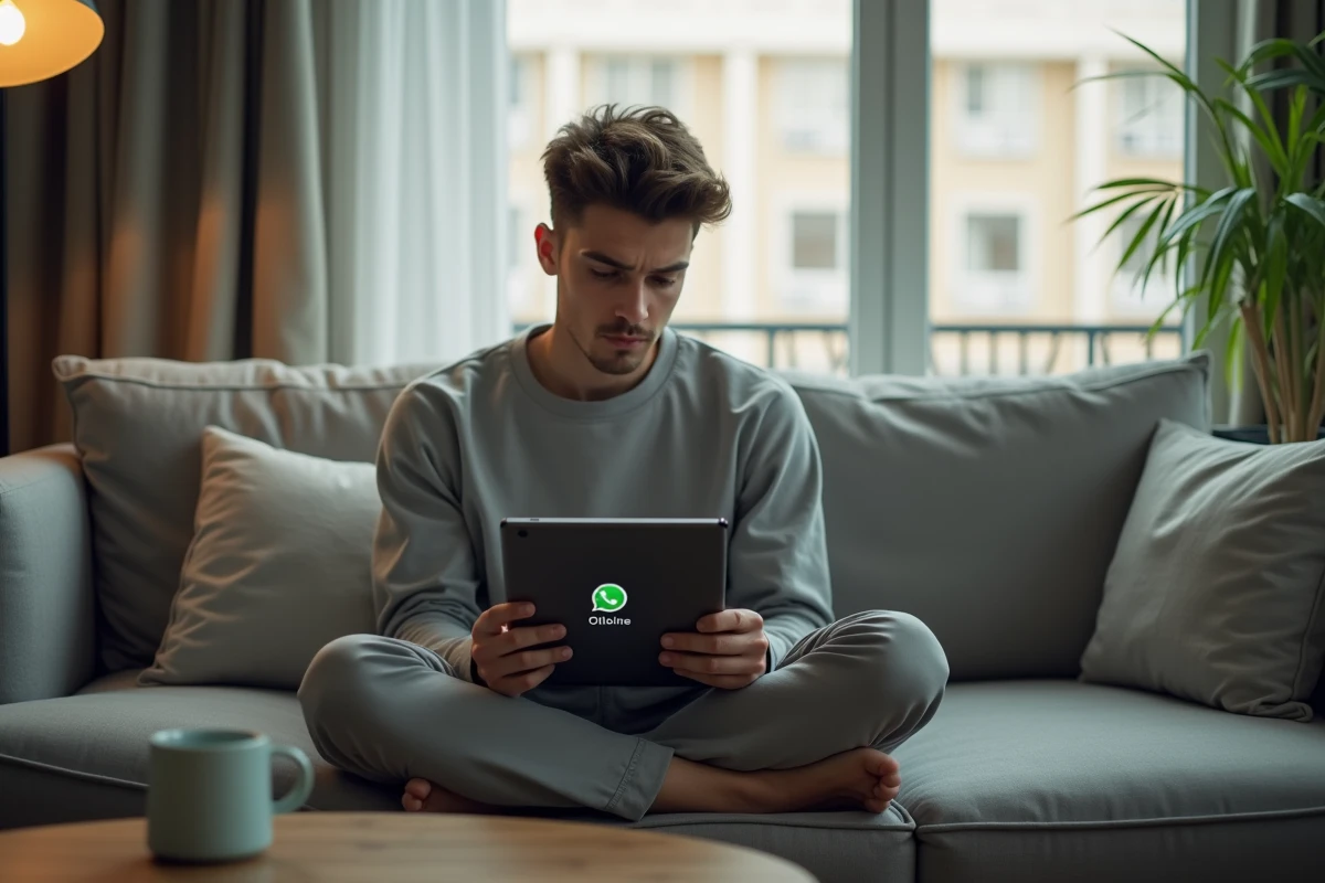 Jeune adulte sur un canapé consultant une tablette affichant WhatsApp Web hors ligne dans un appartement moderne