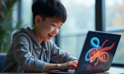 Jeune asiatique jouant au jeu snake sur un ordinateur portable lumineux