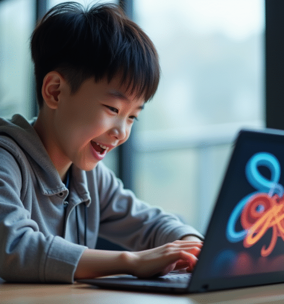 Jeune asiatique jouant au jeu snake sur un ordinateur portable lumineux