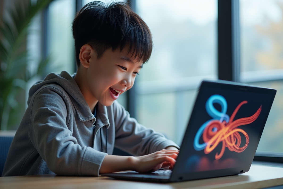 Jeune asiatique jouant au jeu snake sur un ordinateur portable lumineux