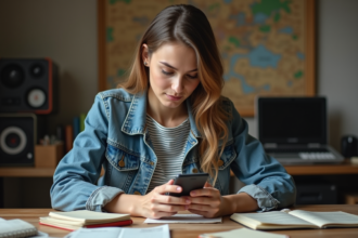 Jeune femme avec smartphone dans un bureau vintage