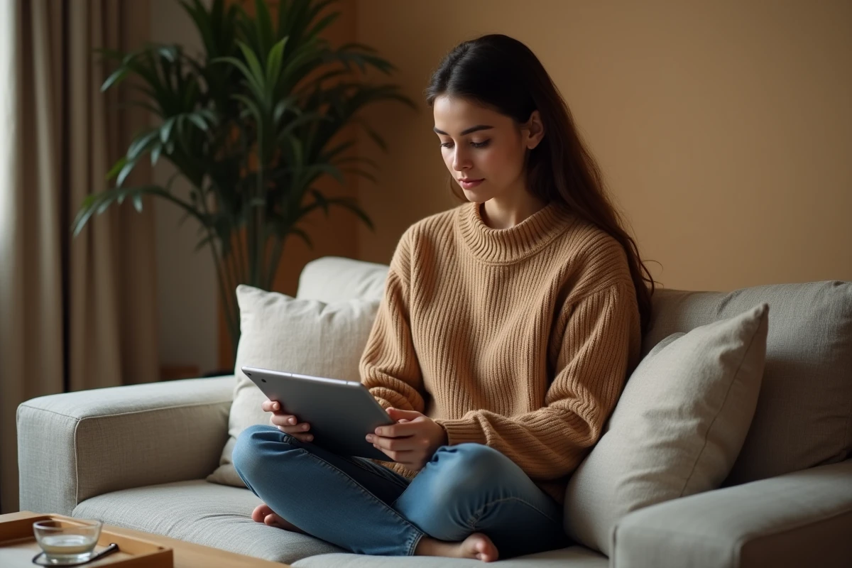 Jeune femme utilisant une application de correction de texte sur tablette dans un salon confortable pour protéger ses données