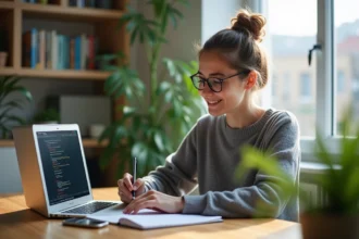 Jeune femme en home office avec ordinateur et notes