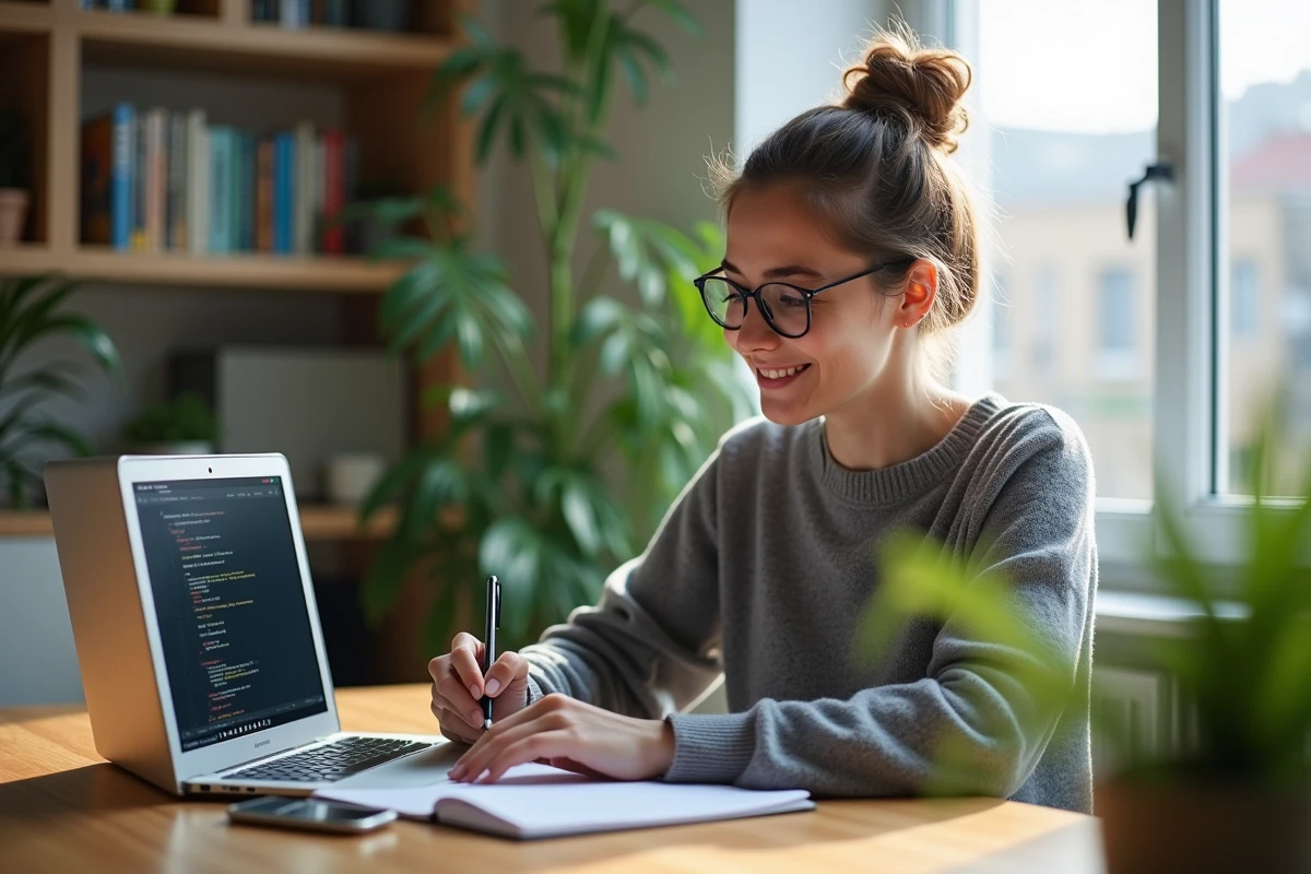 Jeune femme en home office avec ordinateur et notes