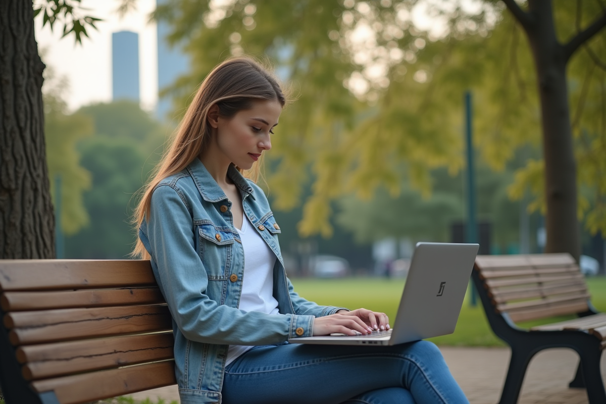Jeune femme dans un parc urbain utilisant un ordinateur portable