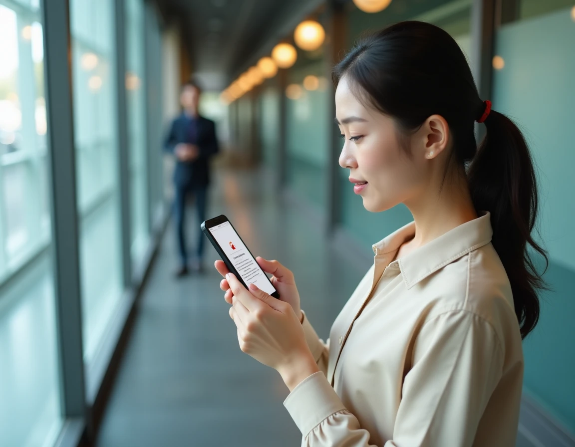 Jeune femme consultant son smartphone pour résoudre un problème de connexion à Mon IntraParis dans un couloir administratif