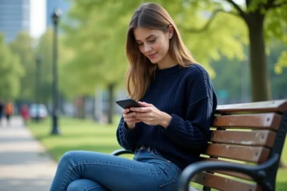 Jeune femme assise sur un banc dans un parc urbain en train de regarder son smartphone