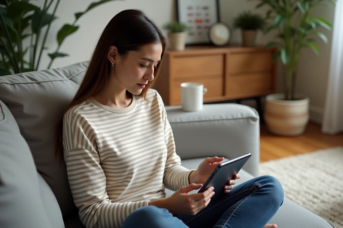 Jeune femme utilisant une tablette Samsung sur un canapé pour retrouver l'icône de la corbeille disparue