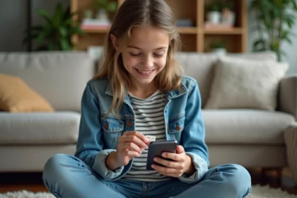 Jeune fille insérant une carte SIM dans un smartphone