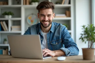 Jeune homme souriant dans un bureau moderne à domicile