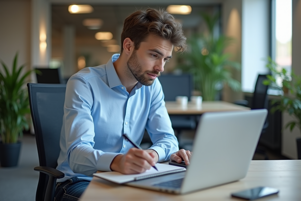 Jeune homme au bureau utilisant un ordinateur portable