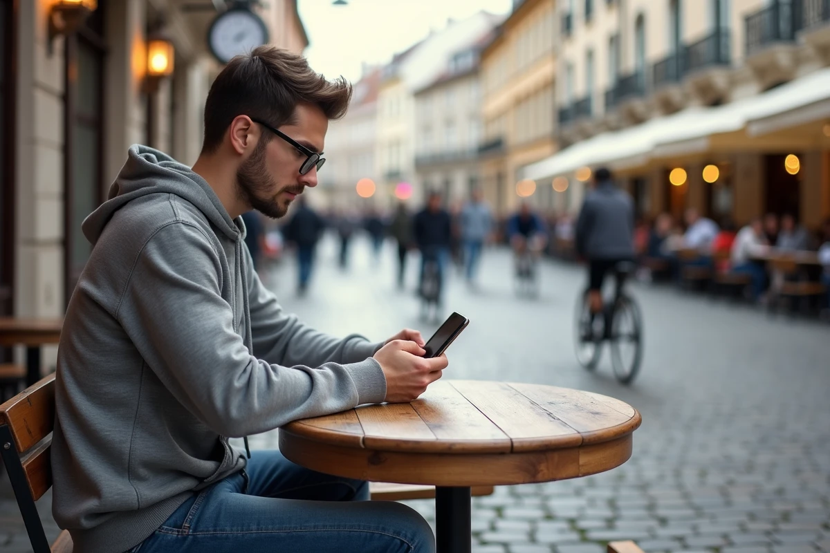 Jeune homme vérifiant ses emails dans un café urbain