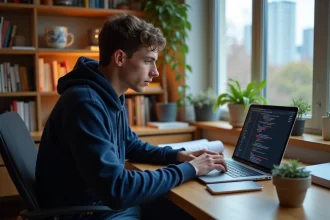 Jeune homme en hoodie code Python dans un bureau cosy