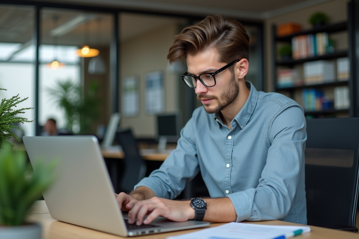 Jeune homme concentré analysant du code sur son ordinateur