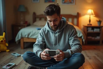 Jeune homme jouant à une ROM Pokémon sur Game Boy Advance SP dans une chambre nostalgique avec cartouches rétro