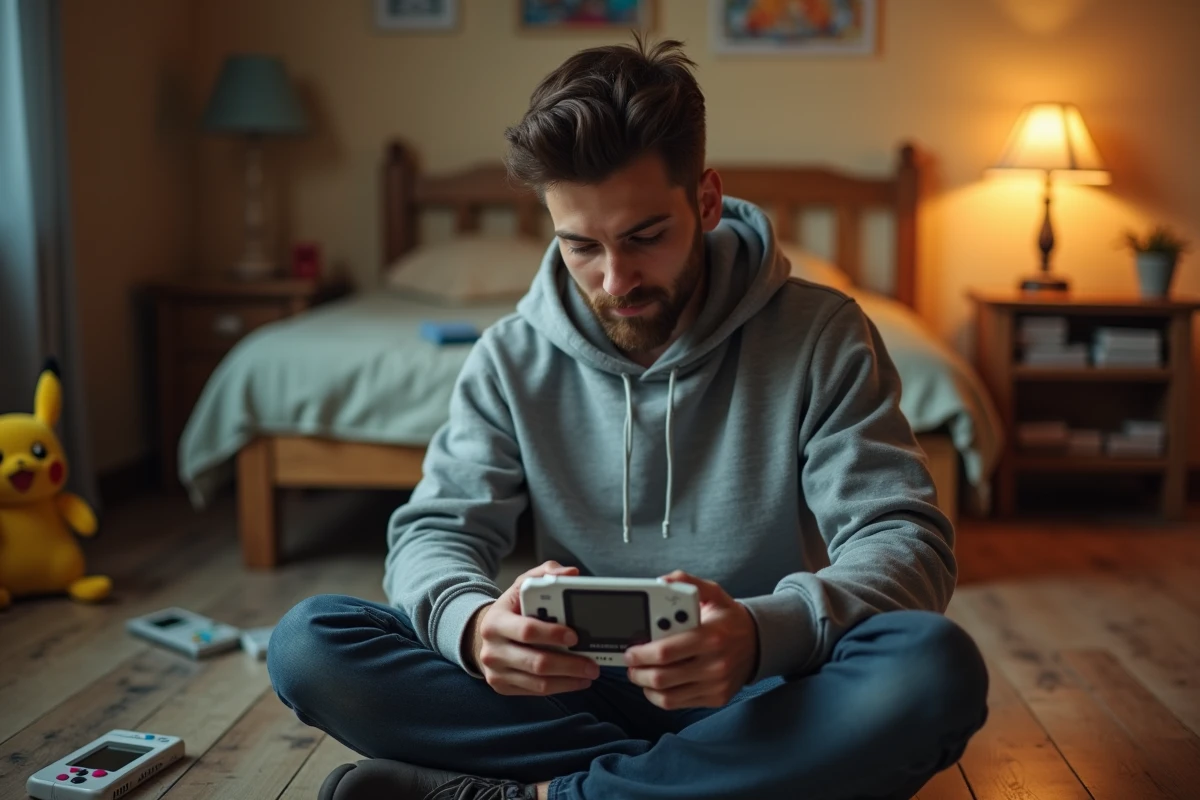 Jeune homme jouant à une ROM Pokémon sur Game Boy Advance SP dans une chambre nostalgique avec cartouches rétro