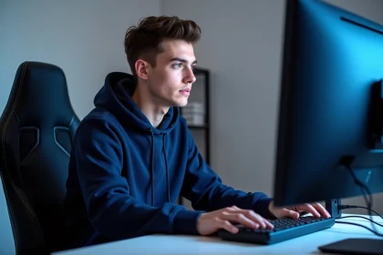 Jeune homme concentré devant son ordinateur dans un bureau moderne